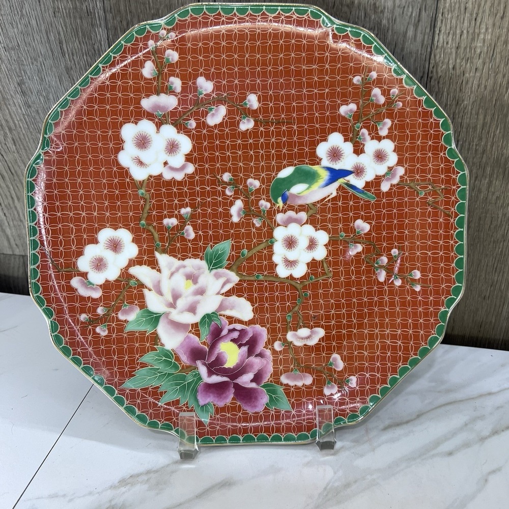 VTG Cloisonne Takahashi San Francisco 1981 Orange Flowers Bird Ceramic 10" Dish